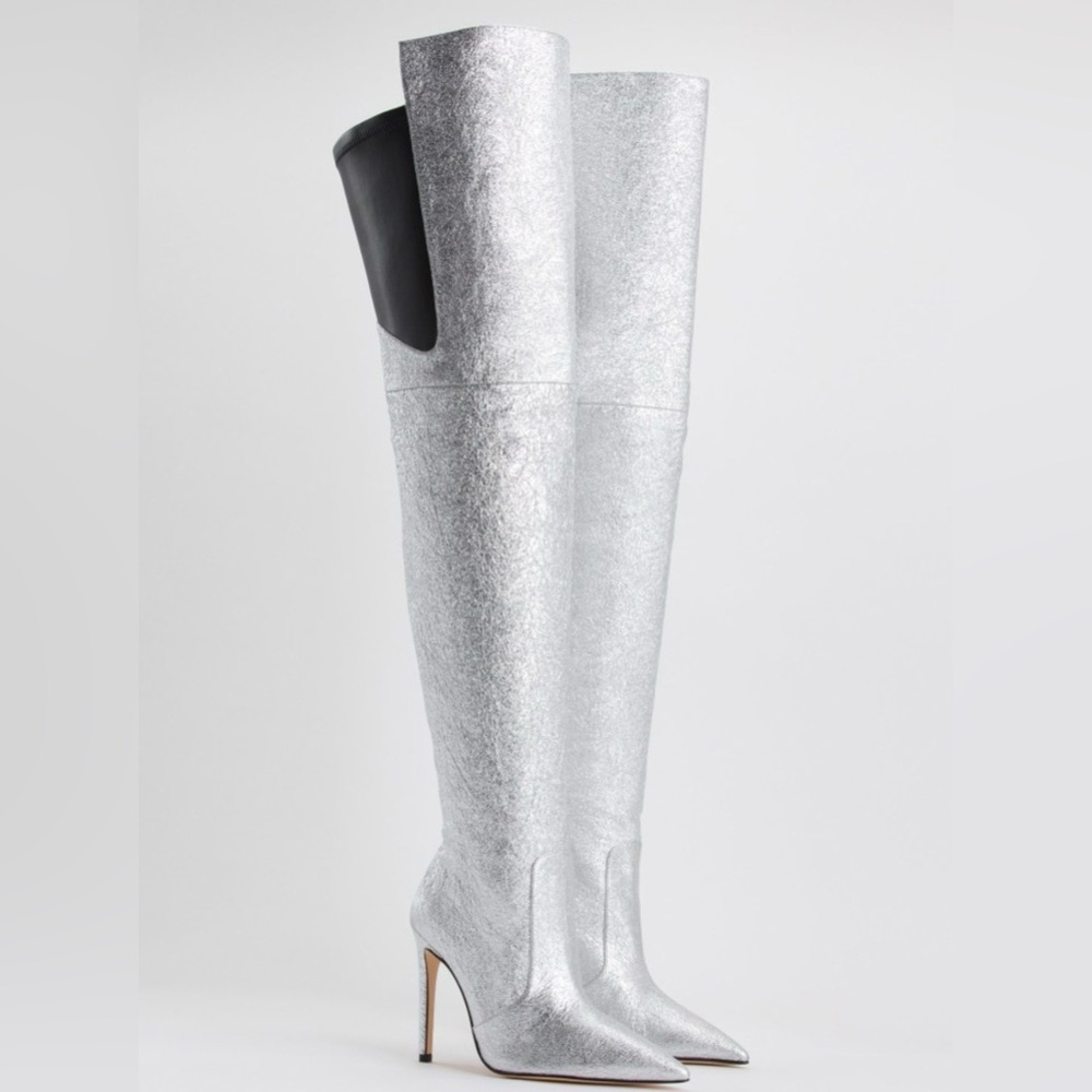 GOOD AMERICAN EMMA Over the Knee Thigh High Silver Boots Size 5